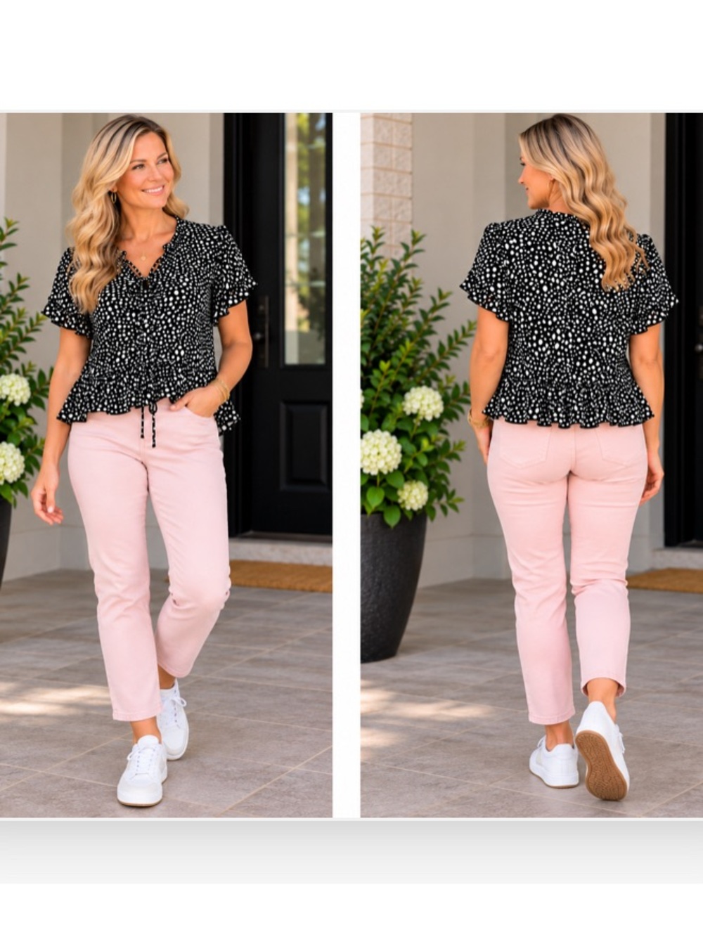 CLEARANCE L Love L Black White Spotted Peplum Tie Waist Blouse